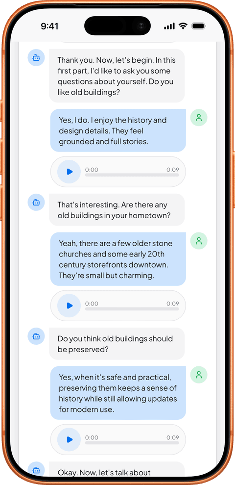 Replay an IELTS Speaking conversation — transcript with playable answers.