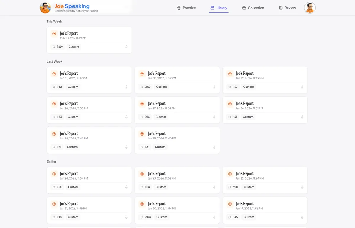 Daily practice sessions in Joe Speaking